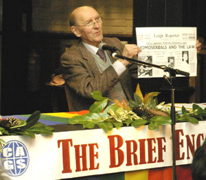 Allan Horsfall showing a newspaper headline