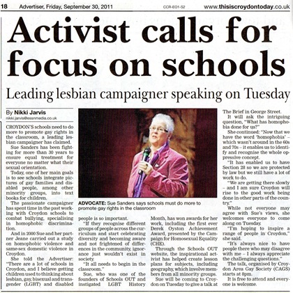 Croydon Advertiser article about Sue Sanders - click for a larger version