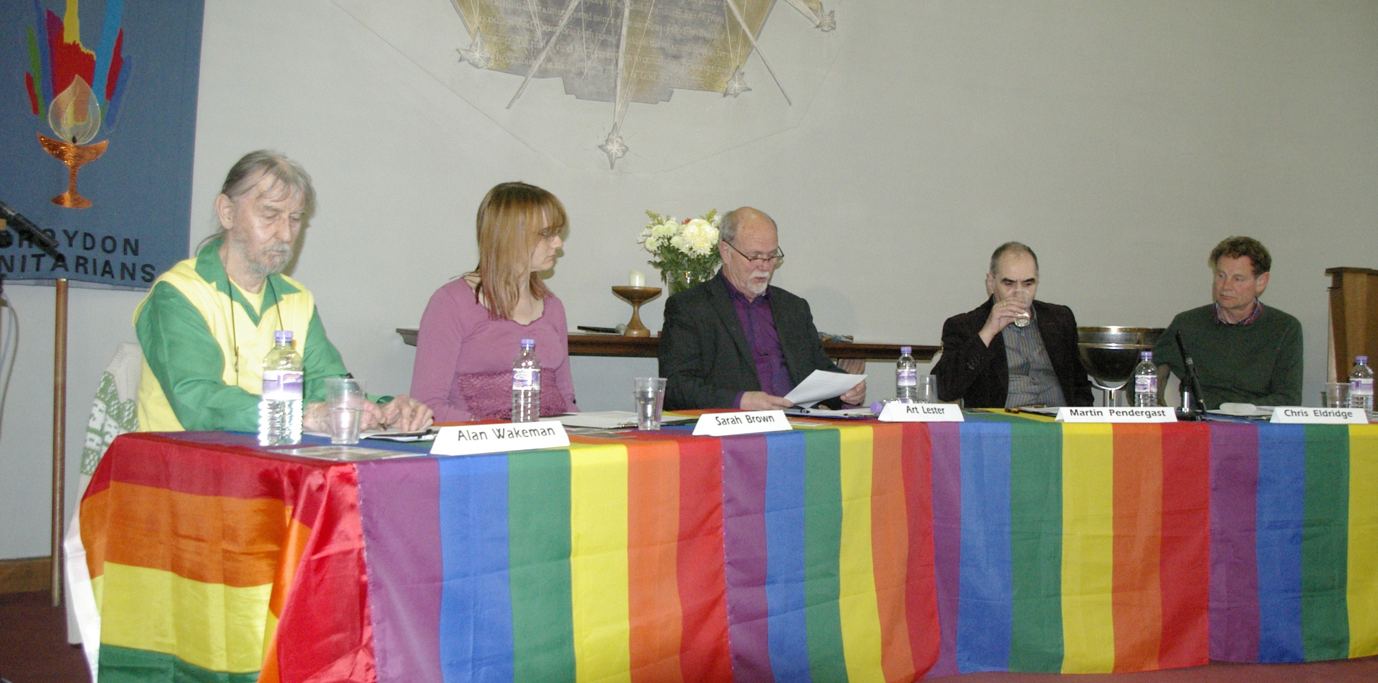 The panel for the debate. Left to right: Alan Wakeman, Sarah Brown, Rev Art Lester, Martin Pendergast, Chris Eldridge